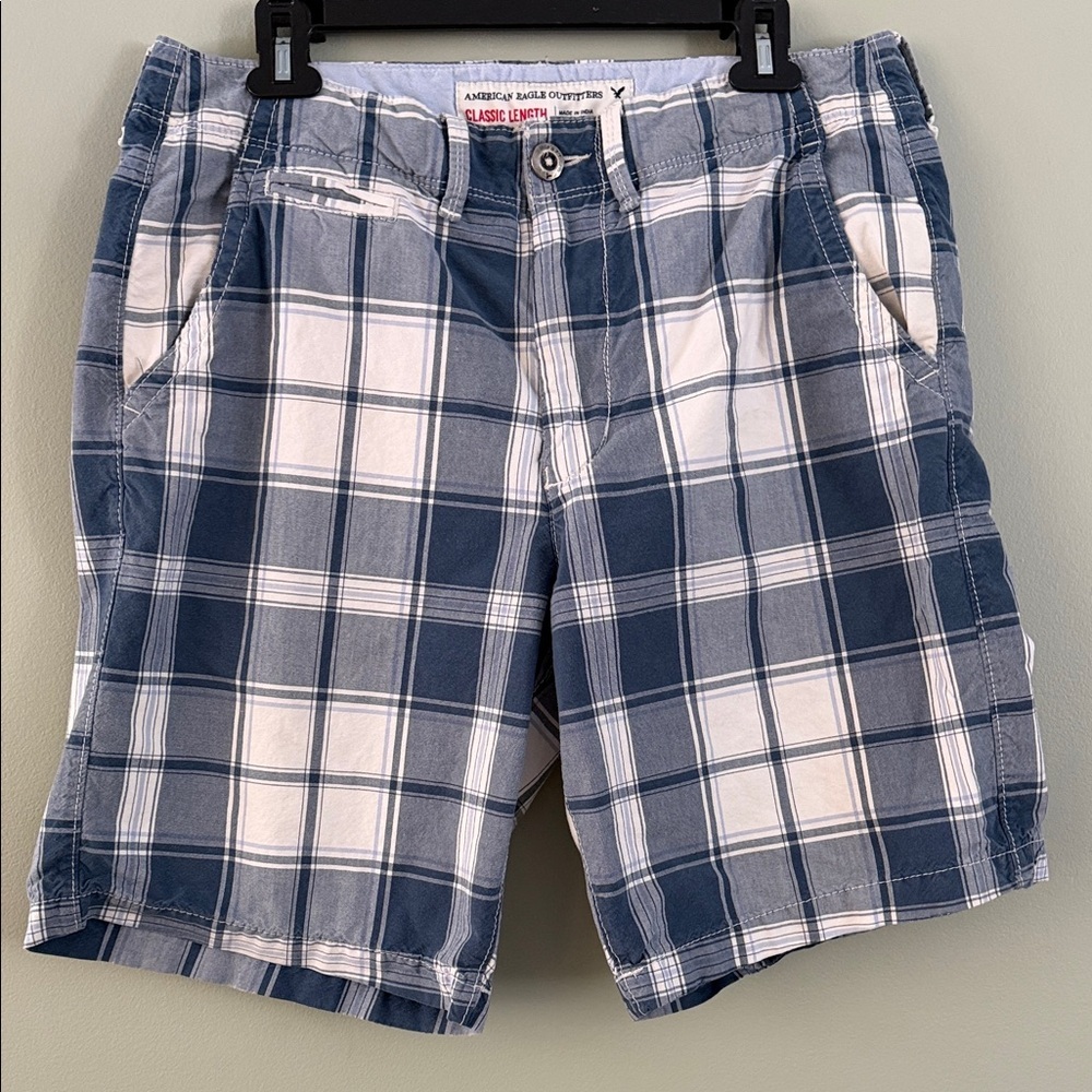 American Eagle Outfitters classic length plaid shorts blue & white color pattern